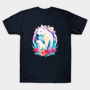 Polar Bear and Cub Floral Aesthetic Print T-Shirt